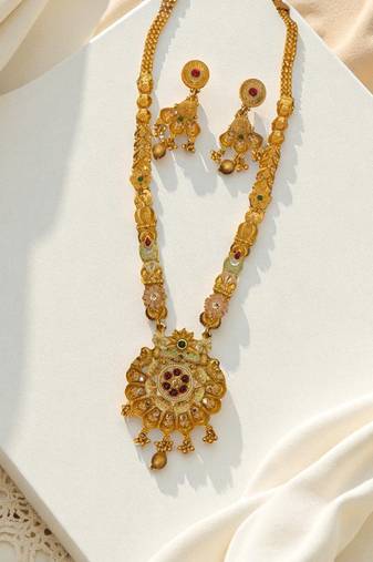 South indian jewllery brass long necklace set for women | antique gold plated bridal jewelry with earrings |