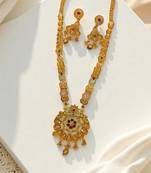 South indian jewllery brass long necklace set for women | antique gold plated bridal jewelry with earrings |