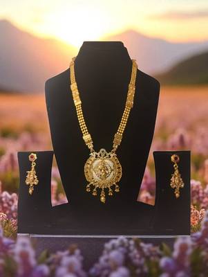 south indian jewllery krishna design long necklace set with pendant & earrings | traditional gold-plated . 1