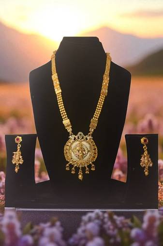 south indian jewllery krishna design long necklace set with pendant & earrings | traditional gold-plated .