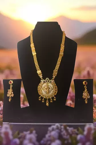 south indian jewllery krishna design long necklace set with pendant & earrings | traditional gold-plated .