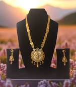 south indian jewllery krishna design long necklace set with pendant & earrings | traditional gold-plated .