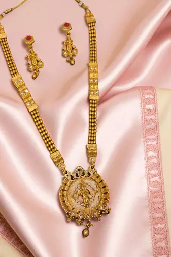 south indian jewllery krishna design long necklace set with pendant & earrings | traditional gold-plated .