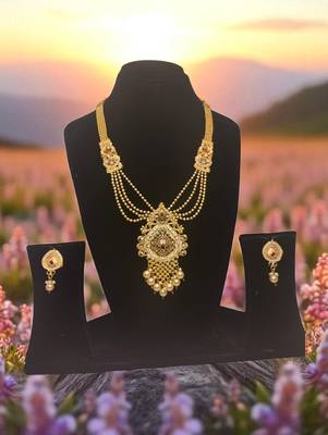 South indian jewllery brass long necklace set for women | antique gold plated bridal jewelry with earrings | 1