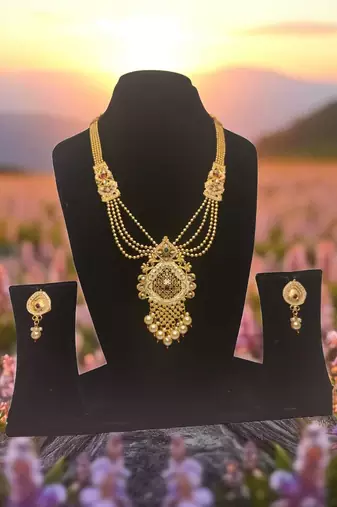 South indian jewllery brass long necklace set for women | antique gold plated bridal jewelry with earrings |