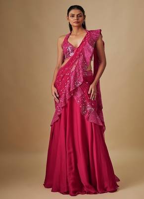 Pink embroidered satin saree 1