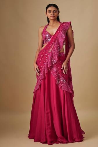 Pink embroidered satin saree