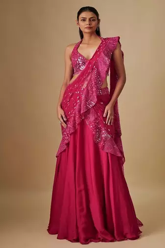 Pink embroidered satin saree