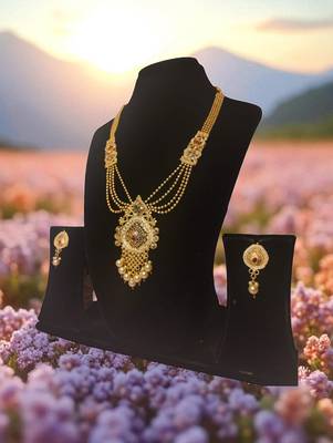 South indian jewllery brass long necklace set for women | antique gold plated bridal jewelry with earrings | 2