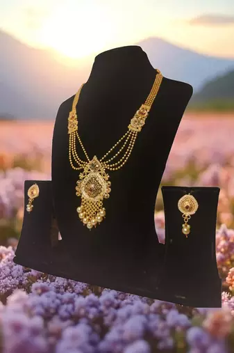 South indian jewllery brass long necklace set for women | antique gold plated bridal jewelry with earrings |