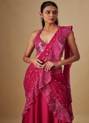 Pink embroidered satin saree 2
