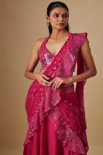 Pink embroidered satin saree