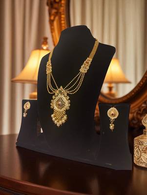 South indian jewllery brass long necklace set for women | antique gold plated bridal jewelry with earrings | 3