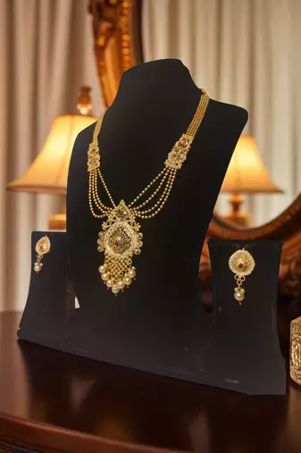South indian jewllery brass long necklace set for women | antique gold plated bridal jewelry with earrings |