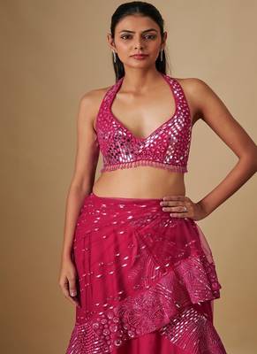 Pink embroidered satin saree 3