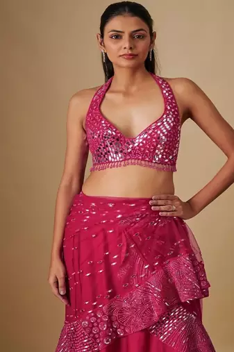 Pink embroidered satin saree