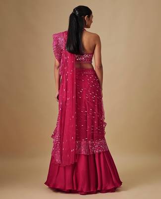 Pink embroidered satin saree 4
