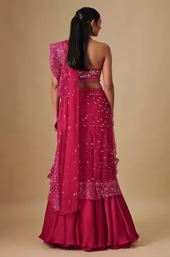 Pink embroidered satin saree