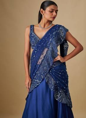 Blue embroidered satin saree 1
