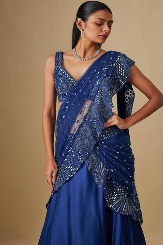 Blue embroidered satin saree