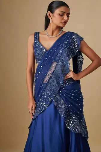 Blue embroidered satin saree