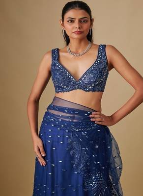 Blue embroidered satin saree 2