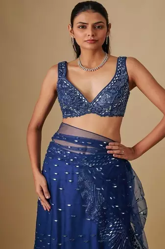 Blue embroidered satin saree