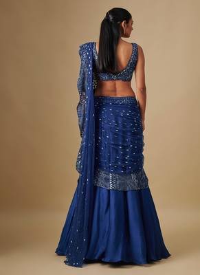 Blue embroidered satin saree 3