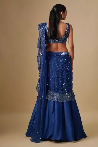 Blue embroidered satin saree