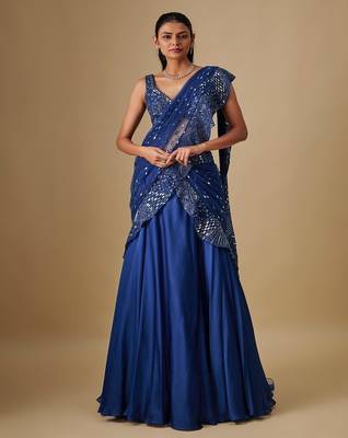Blue embroidered satin saree 4