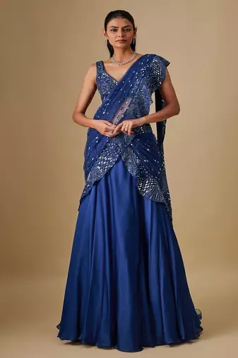 Blue embroidered satin saree