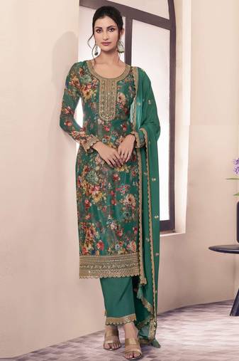 Green embroidered chinon semi-stitched pakistani salwar suit