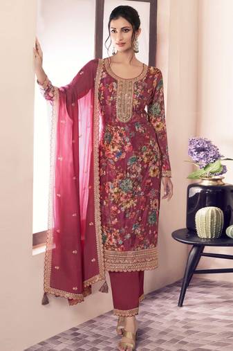 Red embroidered chinon semi-stitched pakistani salwar suit