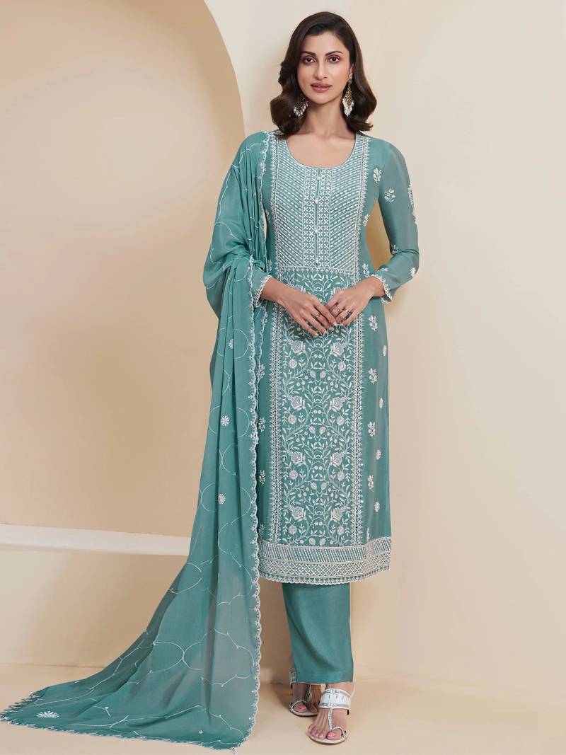 Sky embroidered chinon semi-stitched pakistani salwar suit