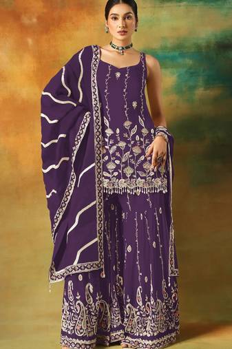 Purple embroidered georgette semi-stitched palazzo style salwar suit