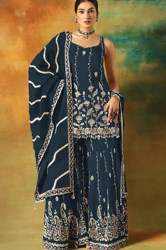 Navy blue embroidered georgette semi-stitched palazzo style salwar suit