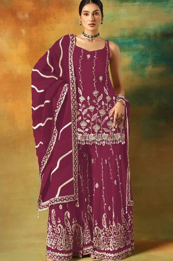 Maroon embroidered georgette semi-stitched palazzo style salwar suit