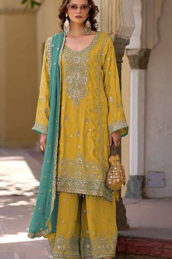 Yellow embroidered chinon semi-stitched palazzo style salwar suit