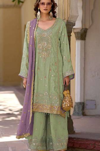 Light green embroidered chinon semi-stitched palazzo style salwar suit