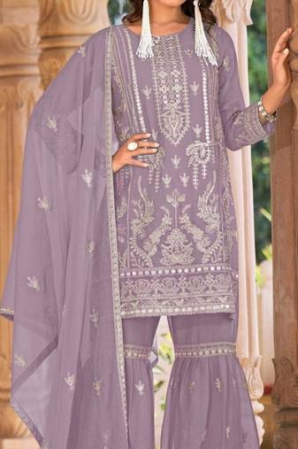 Purple embroidered organza semi-stitched palazzo style salwar suit