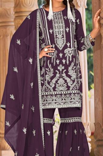 Wine embroidered organza semi-stitched palazzo style salwar suit