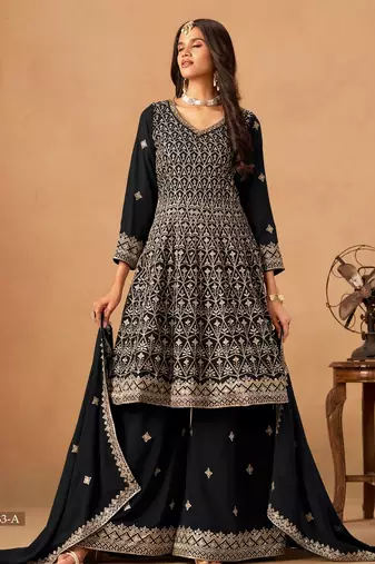 Black faux georgette semi stitched Palazzo suit with heavy embroidery work