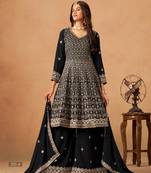 Black faux georgette semi stitched Palazzo suit with heavy embroidery work