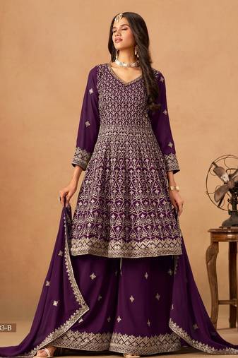 Purple faux georgette semi stitched plazzo suit with heavy embroidery work