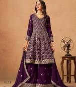 Purple faux georgette semi stitched Palazzo suit with heavy embroidery work