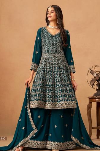 Teal green faux georgette semi stitched plazzo suit with heavy embroidery work