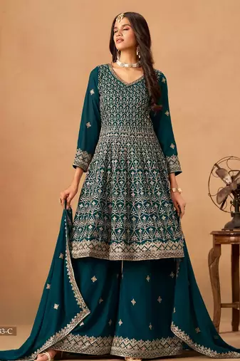 Teal green faux georgette semi stitched plazzo suit with heavy embroidery work