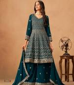 Teal green faux georgette semi stitched Palazzo suit with heavy embroidery work
