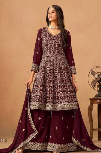 Maroon faux georgette semi stitched plazzo suit with heavy embroidery work