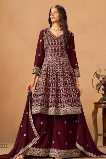 Maroon faux georgette semi stitched plazzo suit with heavy embroidery work